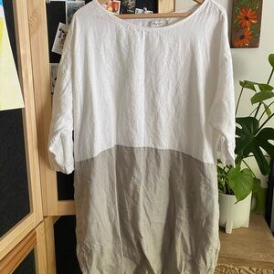100% linen dress by Magic Linen - White and Gray Colorblock dress - size XXL